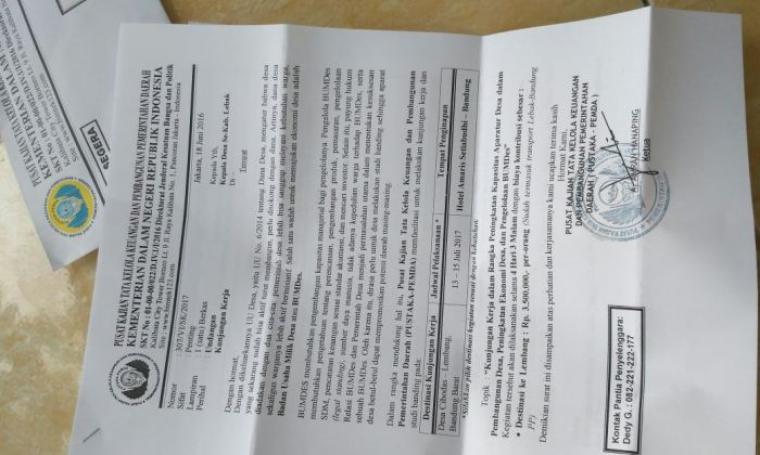 Dokumen undangan studi banding dan pelatihan BUMDes ke Bandung. (Foto: Ist)