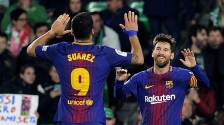 Selebrasi Luis Suarez bersama Lionel Messi usai cetak gol. (Dok: Tribunnews)