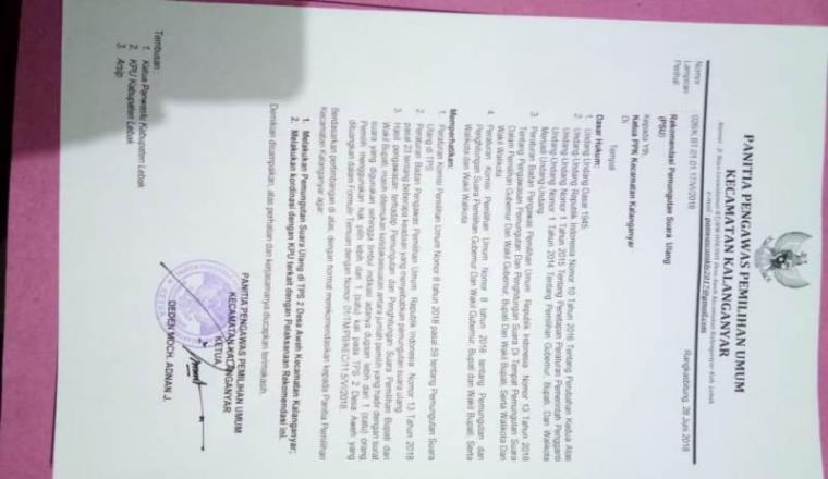Surat rekomendasi PSU Pilkada di TPS 2 Desa Aweh, Kecamatan Kalanganyar, Kabupaten Lebak. (Foto: TitikNOL)