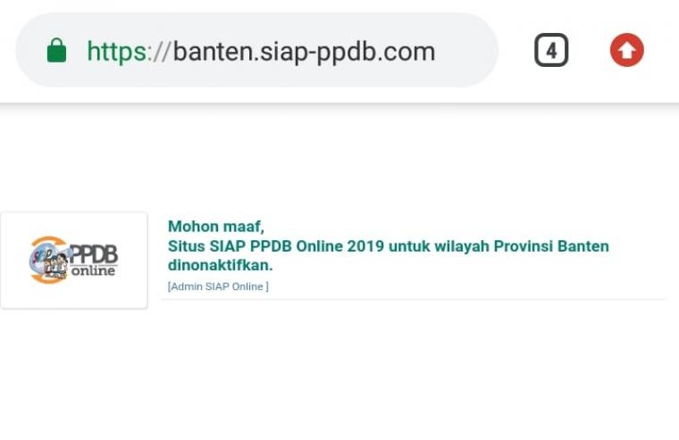 Tampilan situs PPDB online milik Pemprov Banten yang dinonaktifkan oleh admin. (Foto: Ist)