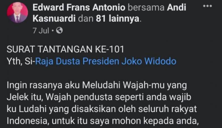 Tangkapan layar salah satu postingan akun facebook Edward Frans Antonio yang dianggap menghina Presiden Jokowi. (Foto: TitikNOL)