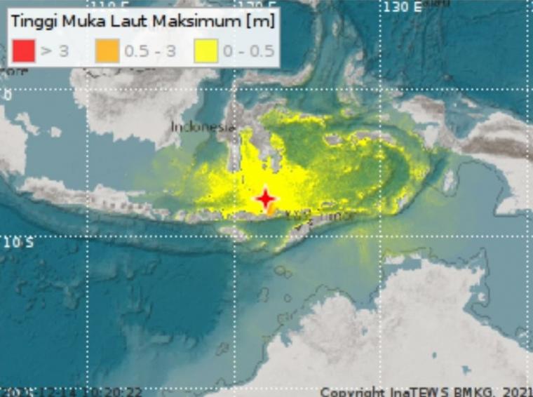 Tangkapan layar peta BMKG peringatan tsunami (Foto: @infoBMKG)